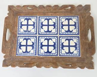 Lot #164 -  Vintage Mexican Carved Wood and Blue & White Tile Serving Tray