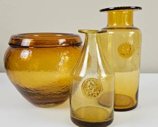 Lot #59 -  Retro Vintage Amber Glass Bottle Vase and Bowl Set with Textured Detail