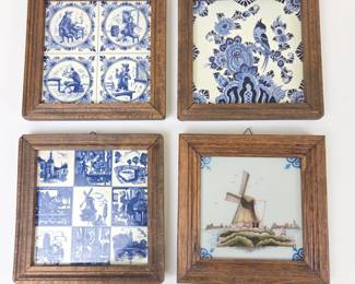 Lot #158 -  Framed Antique Hand Formed & Hand Painted Delft Blue Tile Tableaus – Dutch Windmill & Classic Delft Designs