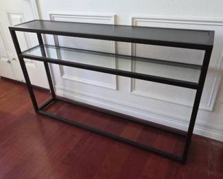 Lot #68 - &nbsp;Black Glass Rectangular Console Table with Shelf and Metal Frame