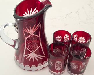 Lot #75 -  Vintage Czech Ruby Red Cut to Clear Glass Pitcher and Tumblers Set