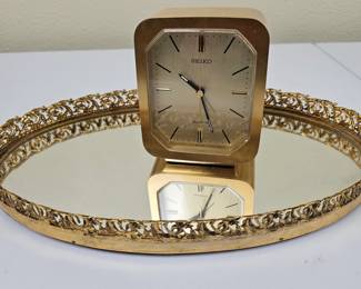 Lot #172 - Vintage Seiko Quartz Desk Clock with Ornate Gold Tone Mirrored Tray