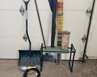 Lot #209 - Easy Gardener Weed Block Fabric, Metal Framed Bird Feeder, Snow Shovel, Portable Work Light, Broom & Garden Seat Lot
