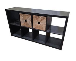 Lot #225 - Black Wood Ikea Kallax Cube Storage Organizer Shelving Unit with 2 Wicker Baskets