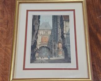 Lot #137 -  Signed Antique Aquatint Etching by Victor Valery Depicting the Gros Horloge (Great Clock) in Rouen, France