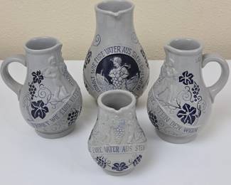 Lot #151 - &nbsp;Vintage German Wick-Werke Salt Glazed Stoneware Pottery Wine Pitchers with Grape Vine Relief Design
