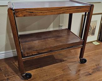 Lot #132 - Antique Oak Wood Rolling Serving Cart with Industrial Casters