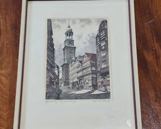 Lot #136 - Antique c.1922 Original Signed Albrecht Bruck Radierung Colored Etching St. Michael's Church Hamburg Germany