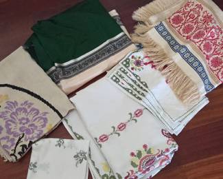 Lot #92 -  Vintage Embroidered Linen Tablecloths and Napkins with Floral Designs, Fringed Throw Blanket - Stained, For Cutters