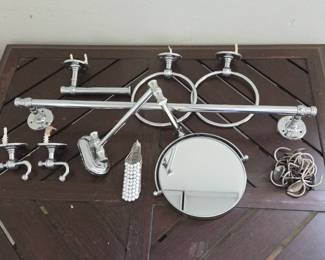 Lot #200 - Chrome Bathroom Accessories Set with Towel Rail, Towel Rings, Robe Hooks, Toilet Roll Holder, and Adjustable Mirror