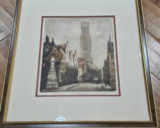 Lot #121 -  Alfred van Neste Signed Limited Edition 170/250 Colored Etching of the Belfry of Bruges 