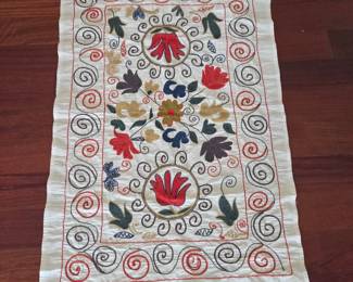 Lot #87 -  Vintage Hand Embroidered Floral Table Runner with Colorful Scrollwork Design