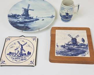 Lot #157 -  Dutch Delft Blue Ceramic Plate, Tile, Trivet and Mug with Windmill Motif