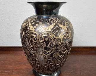 Lot #22 - Handcrafted Etched Blackened Brass Vase with Intricate Floral Engraving Middle Eastern or Indian