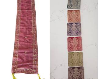 Lot #88 - Elegant Burgundy Table Runner with Gold Embroidery and Tassels, Plus 6 Embroidered Coasters