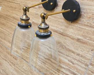 Lot #191 - Set of 2 Vintage Industrial Ceiling Wall Sconces Modern Glass Shade Adjustable Arm Black & Brass Finish