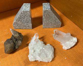 Quartz crystals, Dogtooth calcite, Granite bookends
