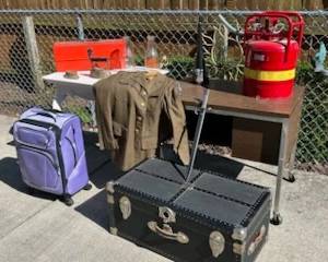 Bayonet, Suitcase, Army Jacket, Gas can, Metal toolbox, Milk bottles