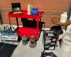 Crockery, RR lanterns, Tumbler, Utility Cart