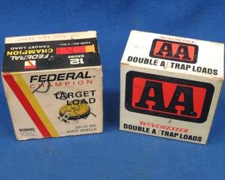 Lot 286. Two collectible Les Kouba/Holiday shotgun shell boxes, each containing 25 reloaded rounds, AS IS