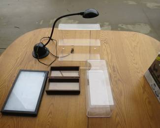 Lot 362. Display cases and desk lamp (needs a bulb)