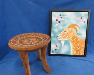 Lot 63. Four-legged stool with beaded inlay brought back from Africa by the consignor and an original folk art goat painting