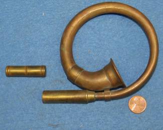 Lot 254. Vintage brass horn that works and an unidentified two-piece brass tiny container