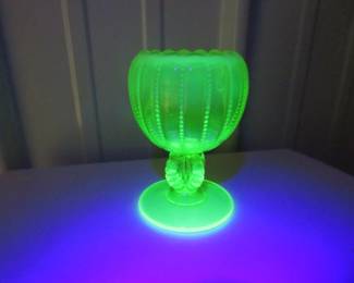 Lot 44. Beaded Fenton uranium glass rose bowl in excellent condition