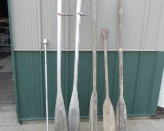 Lot 114. Vintage aluminum-covered wooden oars (with one broken oarlock) and more