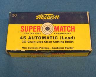 Lot 143. 50 Western Super Match 45 .cal pistol rounds. Vintage box is in very good condition.