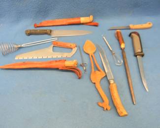 Lot 224. Two Rapala fillet knives, steak knives, carved wooden spoon, and more