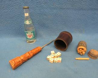 Lot 249. Old dice and cup, mini clothespins in a wooden container, and more