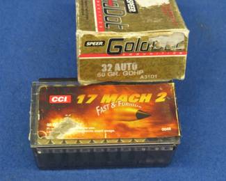 Lot 365. 39 CCI 17 Mach 2 rounds and 20 mixed 32 Auto rounds (some have light strikes)