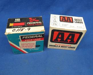 Lot 288. Two collectible shotgun shell boxes, each containing 25 reloaded rounds, AS IS