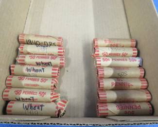 Lot 377. Fourteen rolls of wheat pennies: 1919, 1923, 1934, 1934D, 1939. 1940 D,P,S 1942 S, 1950's x 2, 4 unmarked.