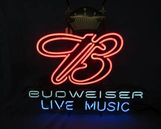 Lot 140. Budweiser neon sign. Separate on/off for the "Live Music".