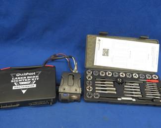 Lot 359. Owlshoot laser bore sight kit, tap & die kit, and an electric trailer brake controller