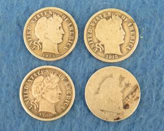 Lot 267. Three Barber head dimes (1908 D, 1914 D, 1915 P) and a Seated Liberty with an unreadable date