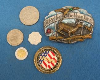 Lot 294. Foreign coins, a Marine token, and a belt buckle
