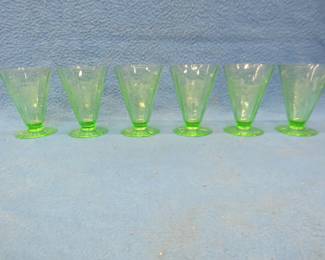 Lot 283. Six green Depression uranium glass parfaits. Excellent condition.