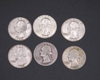 Lot 137. Six silver Washington Quarters. See photos for dates