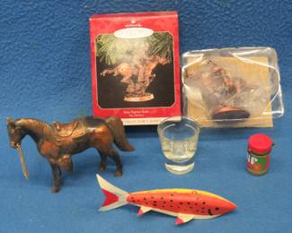 Lot 90. Collectibles including a spearing decoy, Hallmark Pony Express ornament, and more