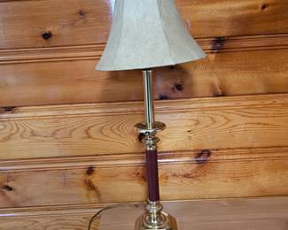 Lot #B58 - Elegant Brass and Leather Accent Table Lamp with Beige Fabric Shade