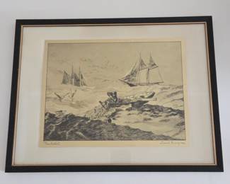 Lot #B47 - Lionel Barrymore “Nantucket” Gold-Etch Framed Print – Vintage Nautical Seascape