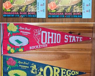Lot #B12 - Vintage Pasadena Rose Bowl 1958 Ohio State Buckeyes & Oregon Ducks Pennants with Rose Bowl Game Ticket Stubs