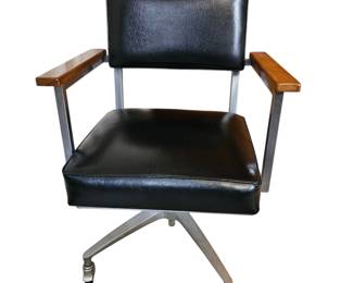 Lot #B9 - Vintage Black Leather and Wood Adjustable Office Chair With Steel Base and Bassick Flo-Tork Mechanism