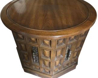 Lot #B52 - Vintage Hexagonal Bar Cabinet Side Table – Carved Wood Liquor Cabinet with Storage