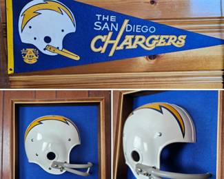 Lot #B25 - Vintage San Diego Chargers Mini Helmet Shadowbox and Pennant Set - NFL Memorabilia