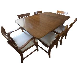 Lot #B57 - Vintage Dining Table Set with 6 Chairs – Wood Table with Brass-Capped Feet