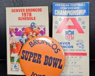 Lot #59 - Vintage 1978 Denver Broncos Super Bowl Pin, AFC Championship Ticket & 1978 Schedule Pamphlet